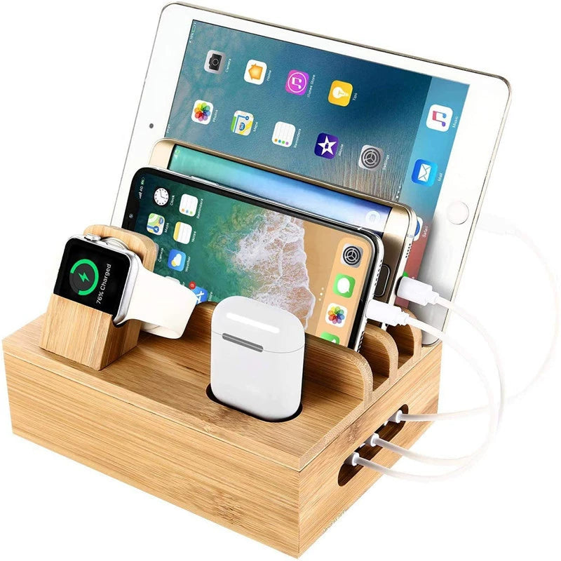 Tekavo Bamboo Charging Station – 5-Port USB Organiser with Cable Set