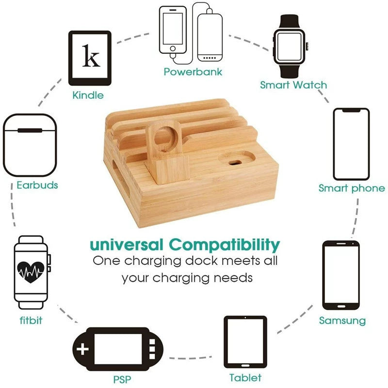Tekavo Bamboo Charging Station – 5-Port USB Organiser with Cable Set