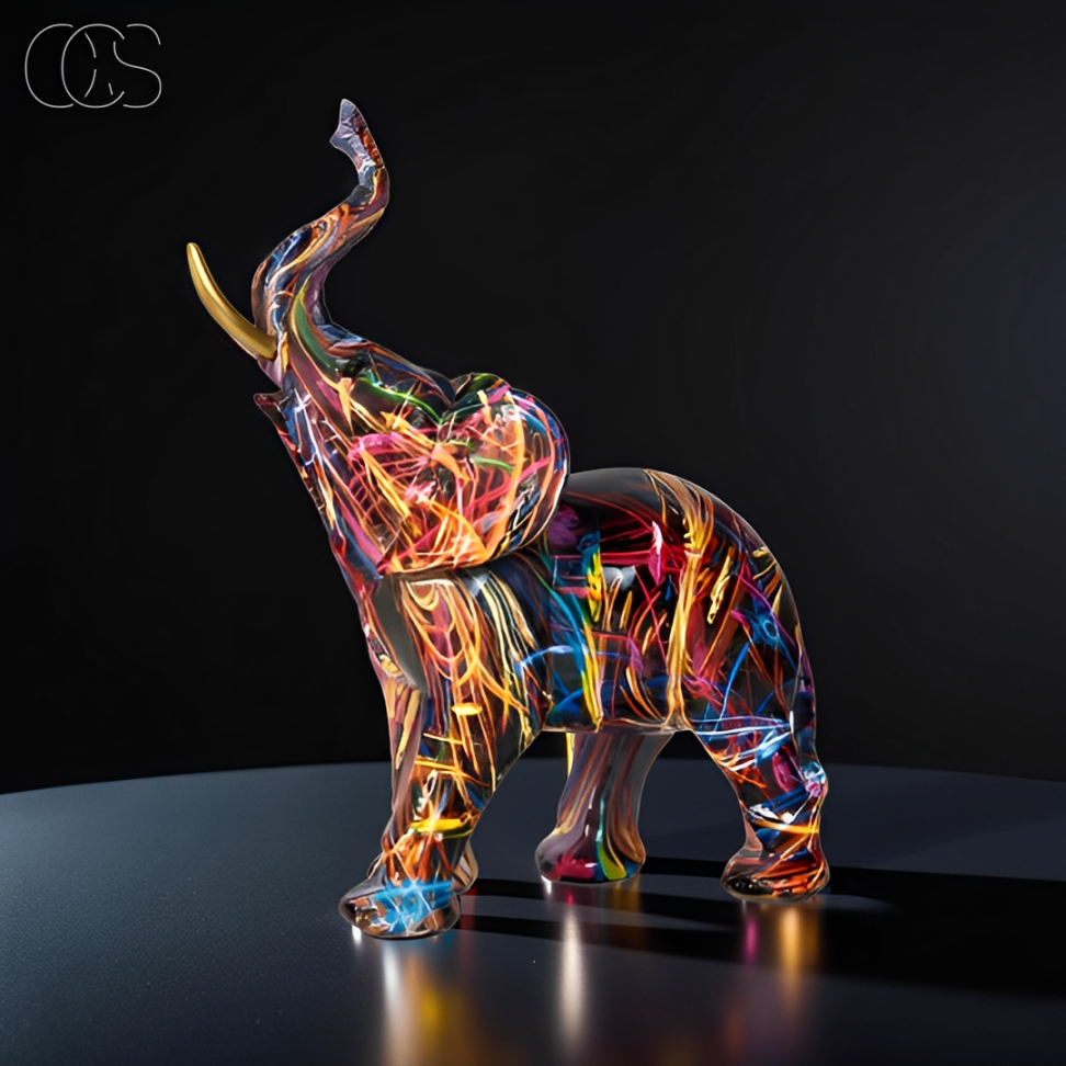 Abstract Elephant Statue – Colourful African Design with Raised Trunk for Good Luck