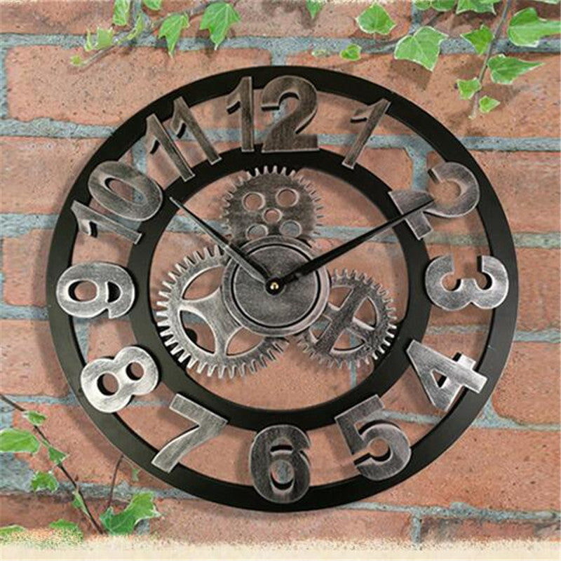 Retro Industrial Wall Clock – Decorative Wooden Gear Design for Home & Office