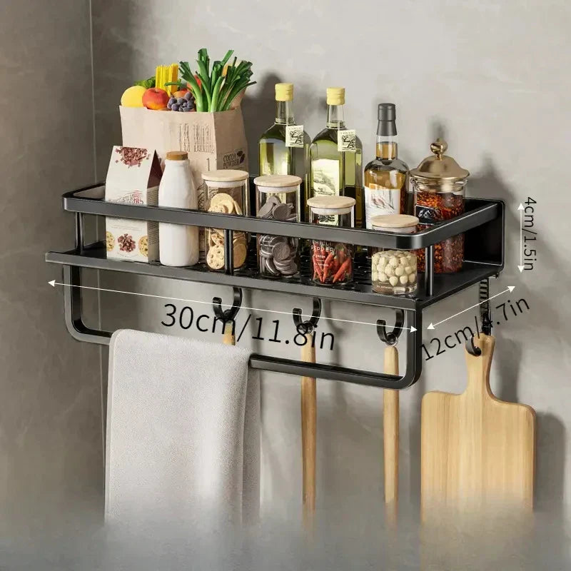 Black Wall-Mounted Kitchen Rack – Spice Shelf with Utensil Hook Bar