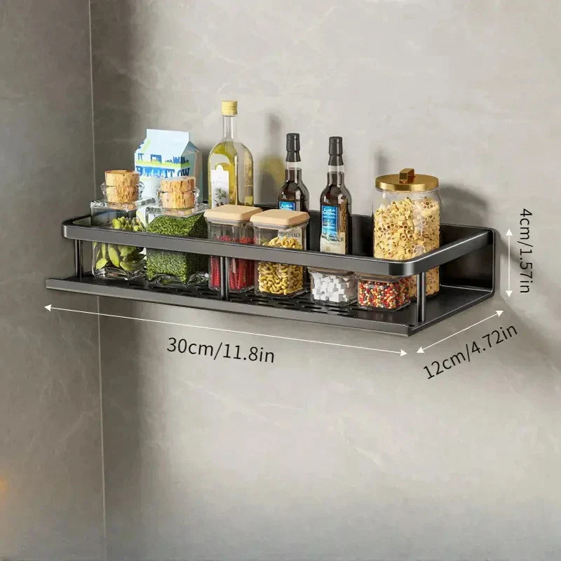 Black Wall-Mounted Kitchen Rack – Spice Shelf with Utensil Hook Bar