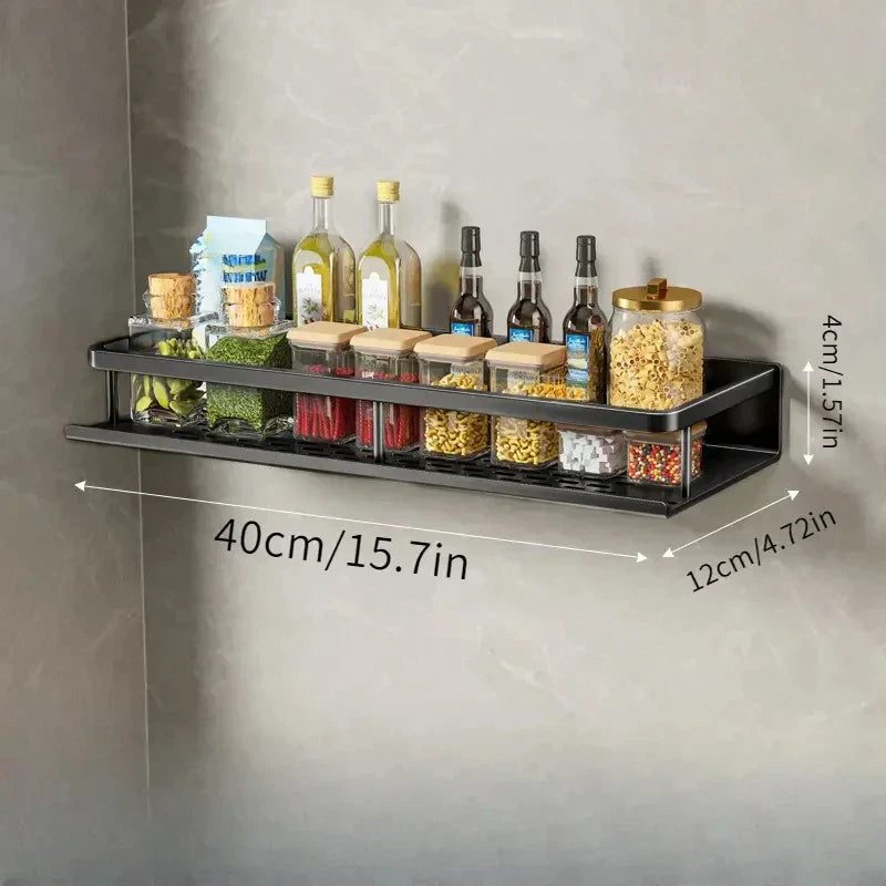 Black Wall-Mounted Kitchen Rack – Spice Shelf with Utensil Hook Bar