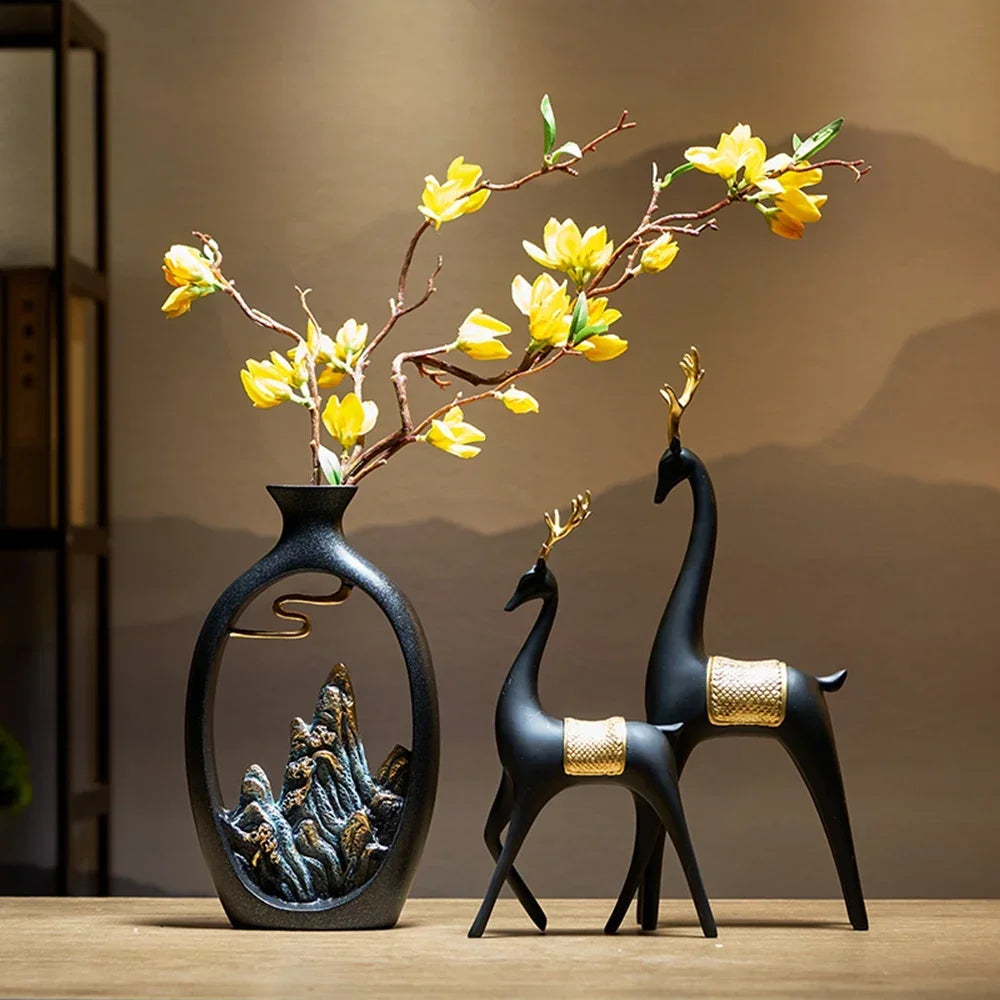 TranquilPeak – Artistic Ceramic Mountain Landscape Vase | Elegant Black Interior Decor