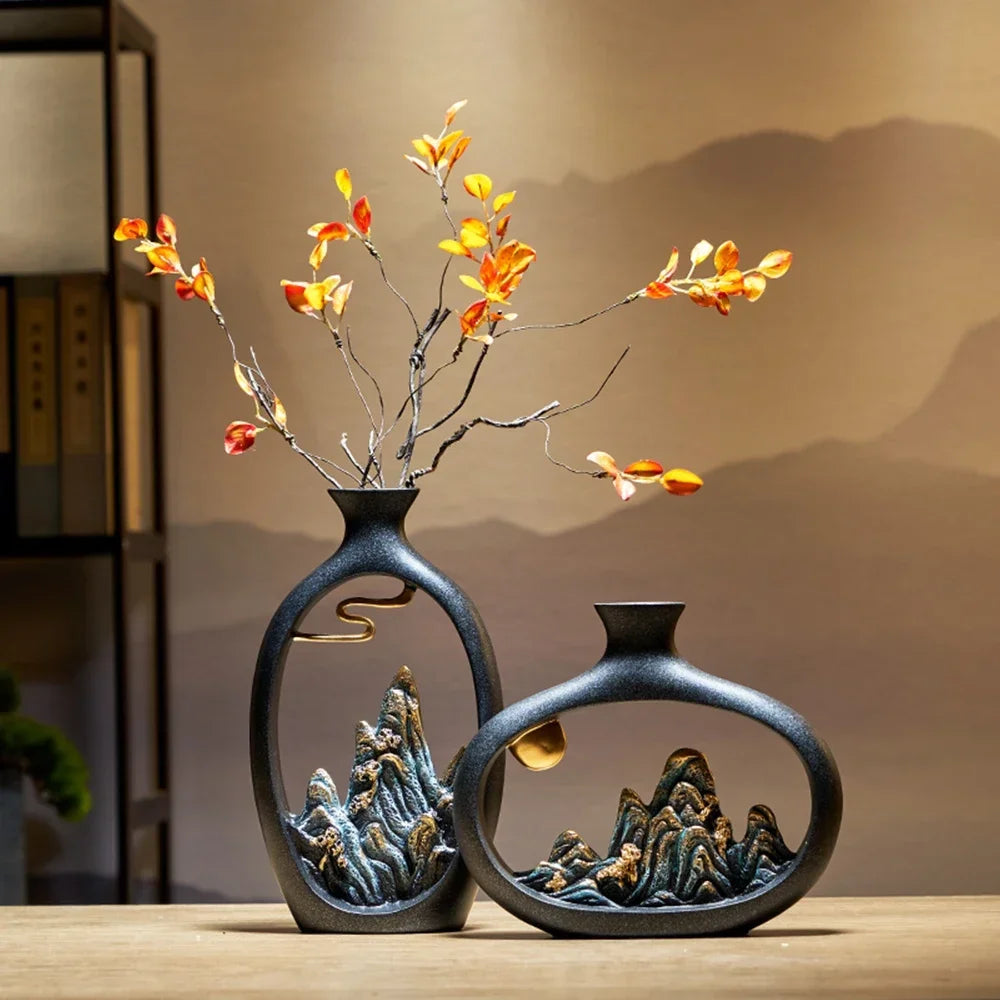 TranquilPeak – Artistic Ceramic Mountain Landscape Vase | Elegant Black Interior Decor
