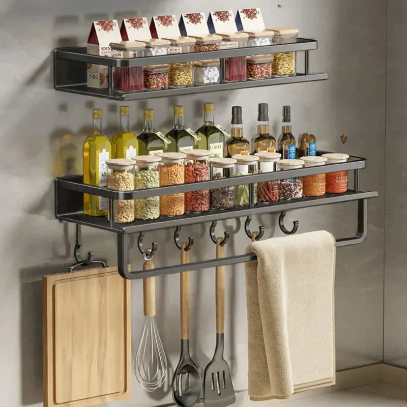 Black Wall-Mounted Kitchen Rack – Spice Shelf with Utensil Hook Bar