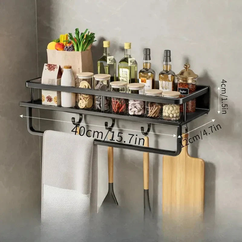 Black Wall-Mounted Kitchen Rack – Spice Shelf with Utensil Hook Bar