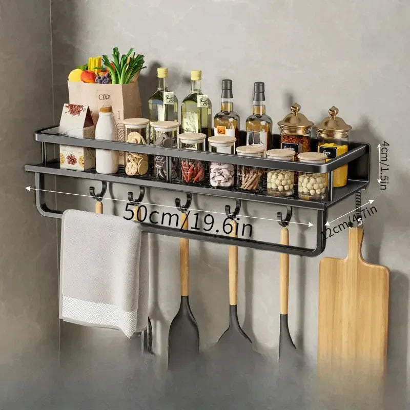 Black Wall-Mounted Kitchen Rack – Spice Shelf with Utensil Hook Bar