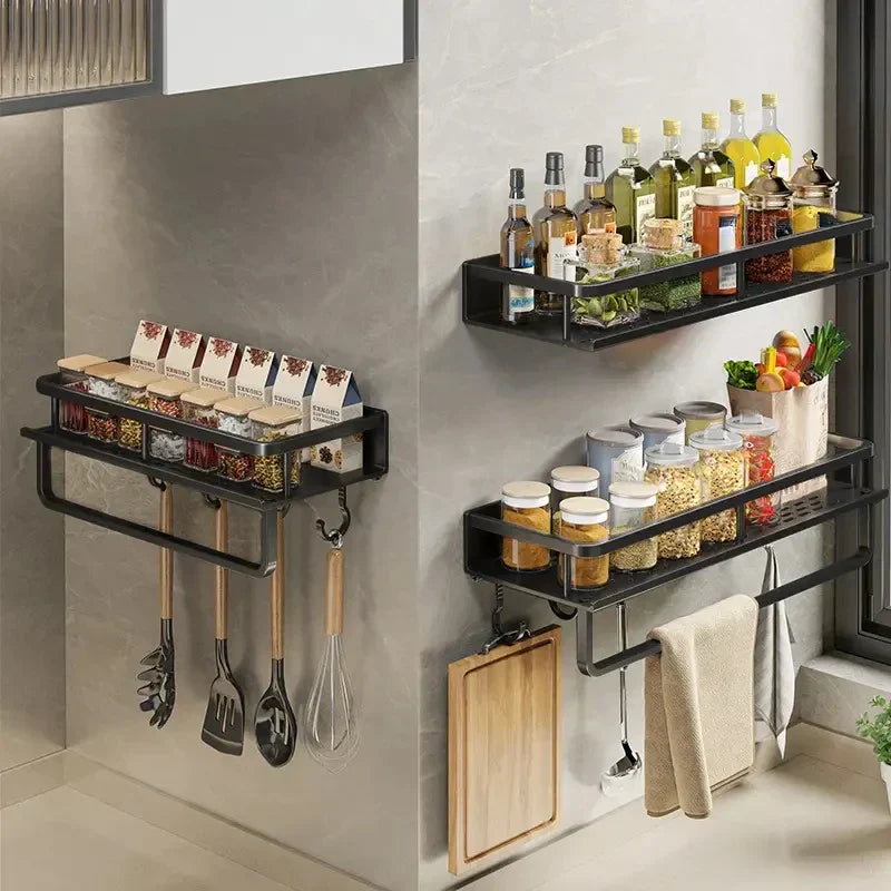 Black Wall-Mounted Kitchen Rack – Spice Shelf with Utensil Hook Bar