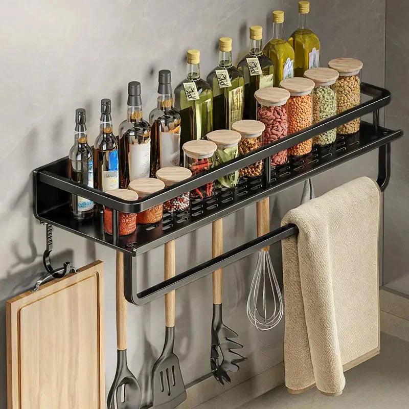 Black Wall-Mounted Kitchen Rack – Spice Shelf with Utensil Hook Bar