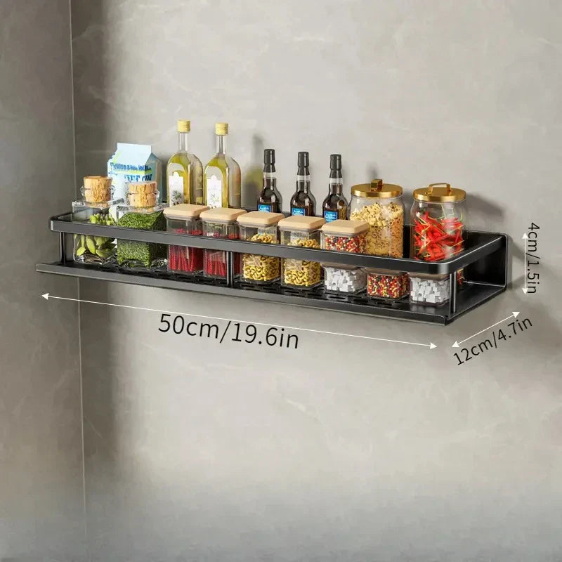 Black Wall-Mounted Kitchen Rack – Spice Shelf with Utensil Hook Bar