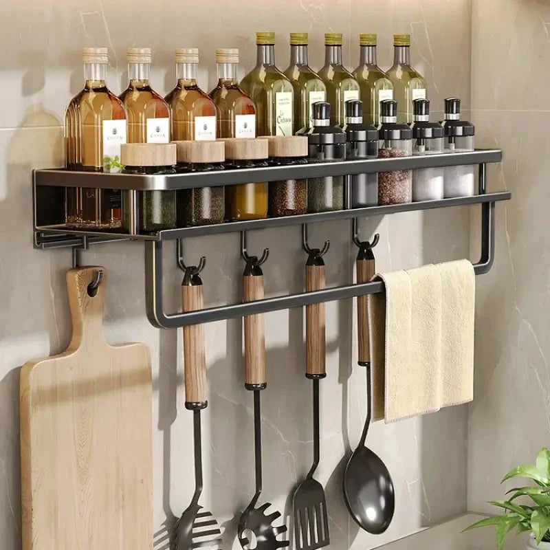 Black Wall-Mounted Kitchen Rack – Spice Shelf with Utensil Hook Bar