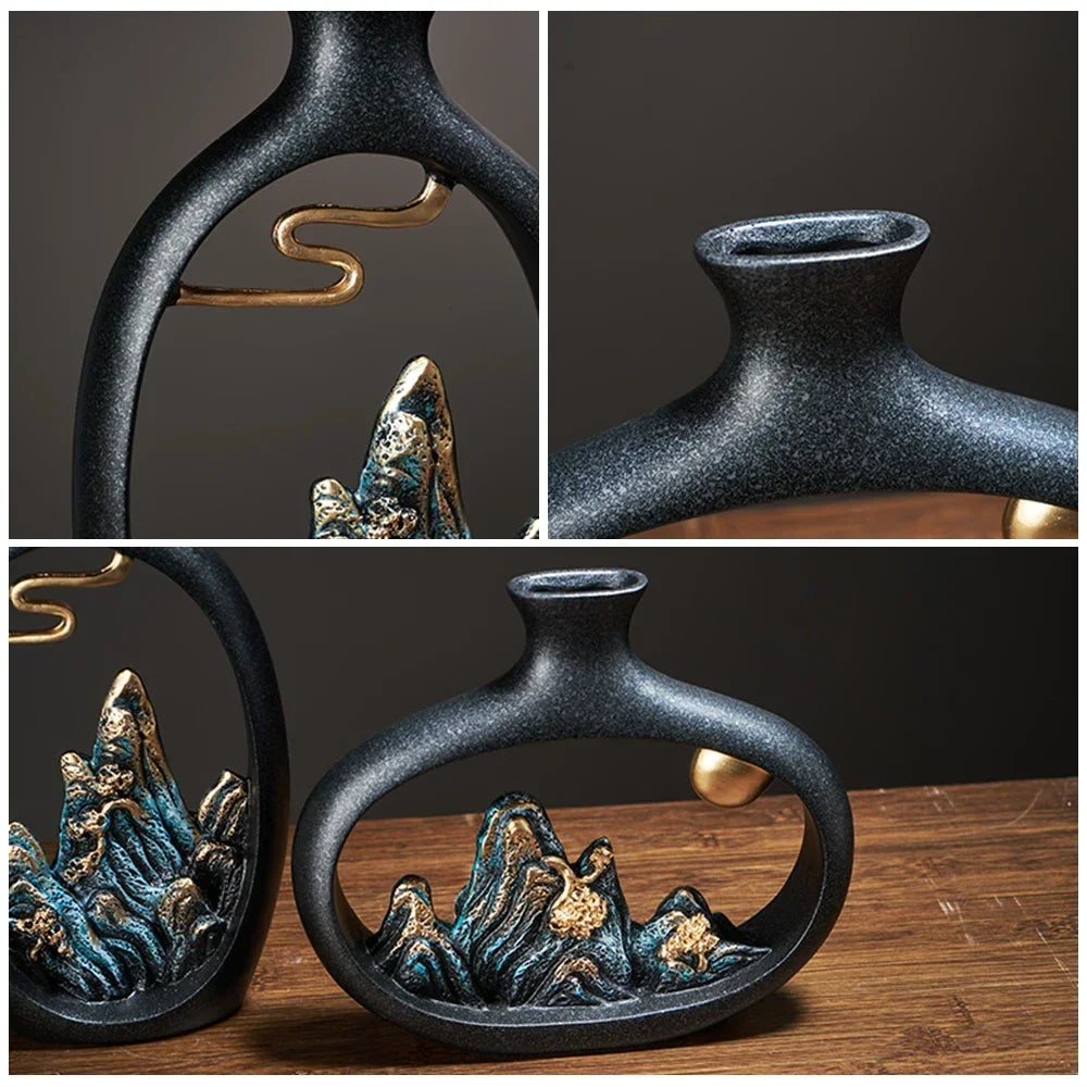 TranquilPeak – Artistic Ceramic Mountain Landscape Vase | Elegant Black Interior Decor