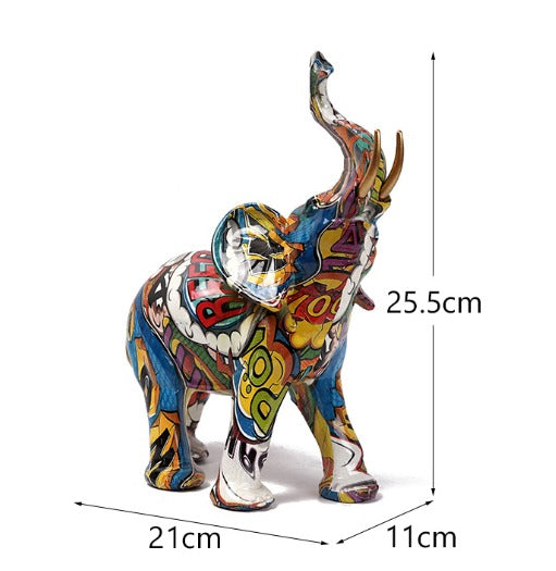 Abstract Elephant Statue – Colourful African Design with Raised Trunk for Good Luck