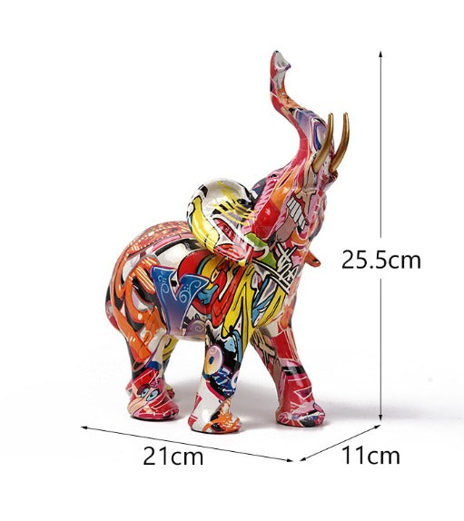 Abstract Elephant Statue – Colourful African Design with Raised Trunk for Good Luck