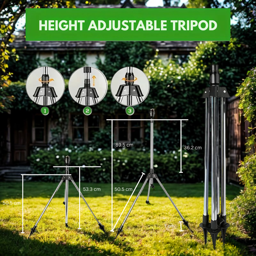 Adjustable 360° Garden Sprinkler on Tripod – Stainless Steel Height-Adjustable Lawn Irrigation System