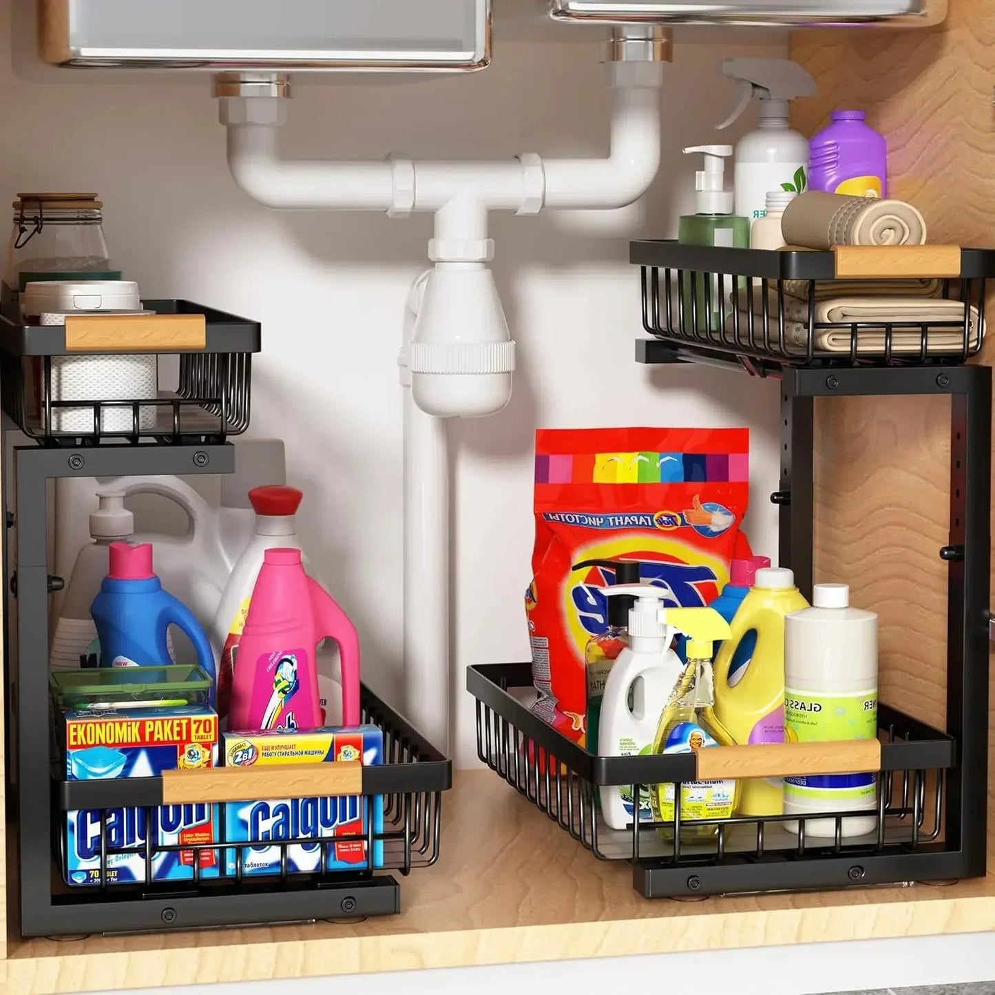 Curcura – Heavy-Duty Adjustable Steel Under Sink Organizer for Kitchen & Bathroom