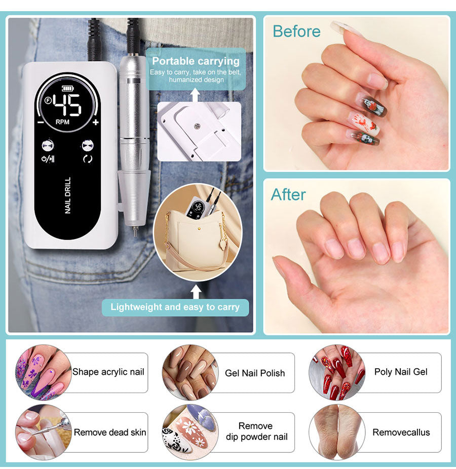 ProNail 45000RPM Electric Nail File – Portable Rechargeable E-File for Manicure & Acrylic Nails | Low Noise