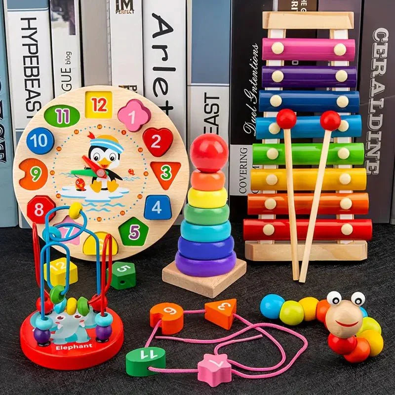 Montessori Wooden Baby Toy Set – 5-in-1 Learning & Sensory Play