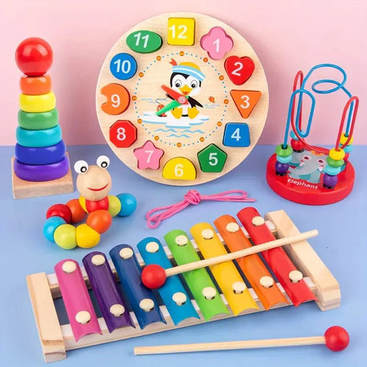Montessori Wooden Baby Toy Set – 5-in-1 Learning & Sensory Play