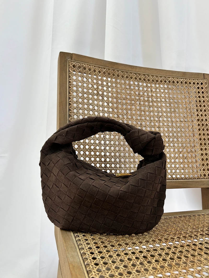 Elsa – Stylish Mini Suede Bag with Woven Knot Design & Gold Accents