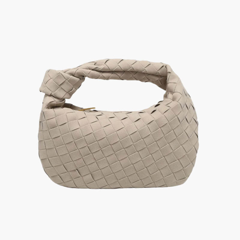 Elsa – Stylish Mini Suede Bag with Woven Knot Design & Gold Accents