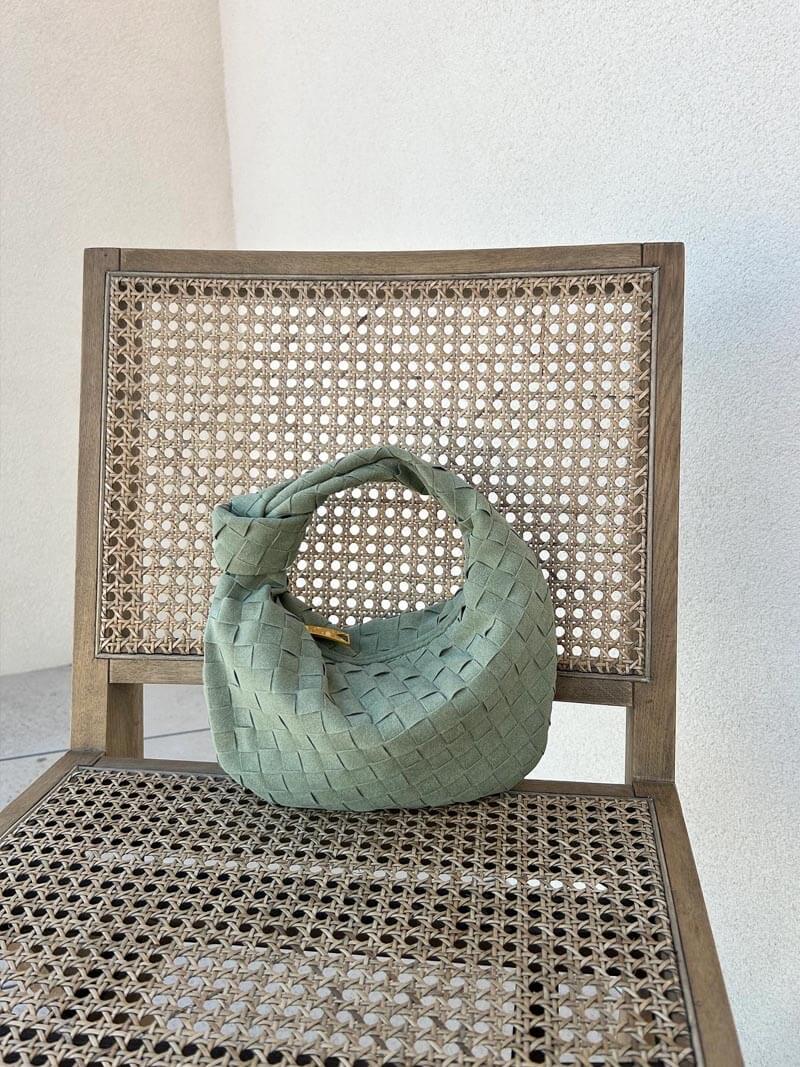 Elsa – Stylish Mini Suede Bag with Woven Knot Design & Gold Accents