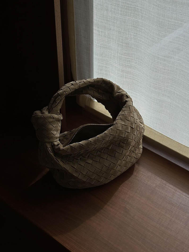 Elsa – Stylish Mini Suede Bag with Woven Knot Design & Gold Accents