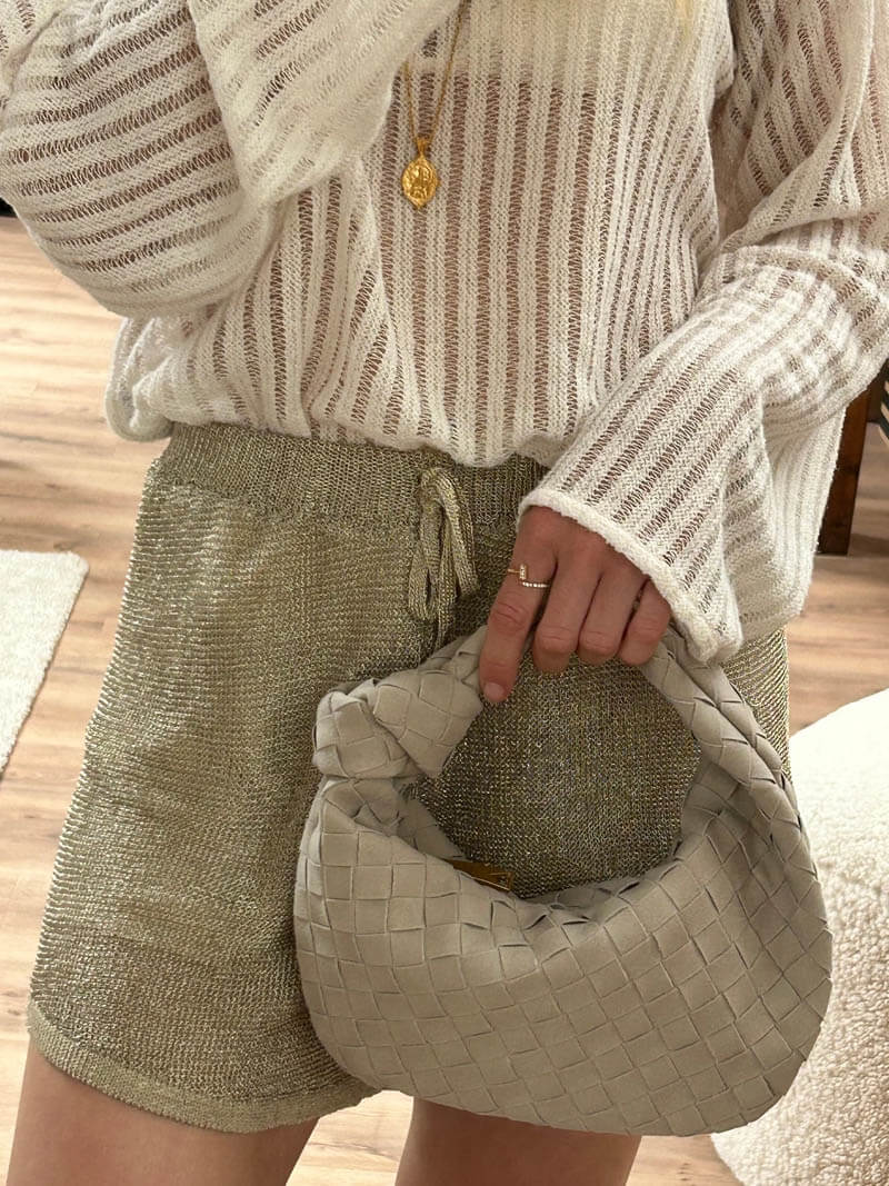 Elsa – Stylish Mini Suede Bag with Woven Knot Design & Gold Accents