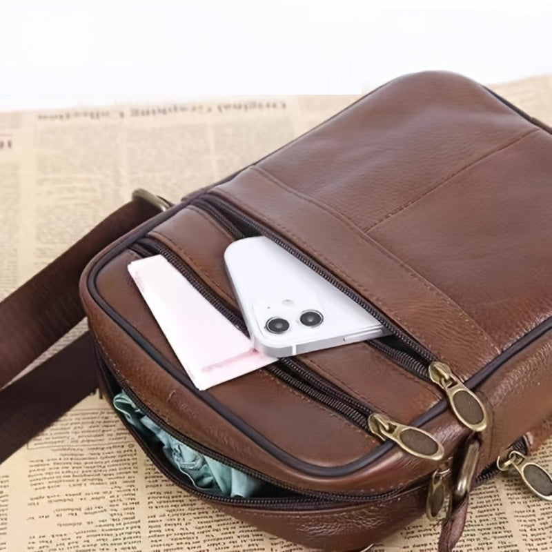 Men’s Genuine Leather Shoulder Bag – Cowhide Crossbody with Adjustable Strap