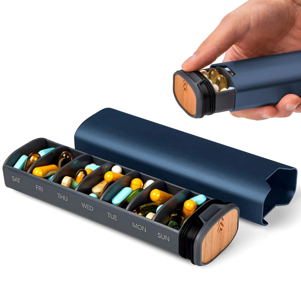 MediEase Weekly Pill Organizer – Elegant Wooden & Aluminium Pill Box