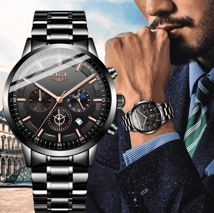 Military Black Steel Watch – Men's Stainless Steel Wristwatch with Day, Date & Night Display