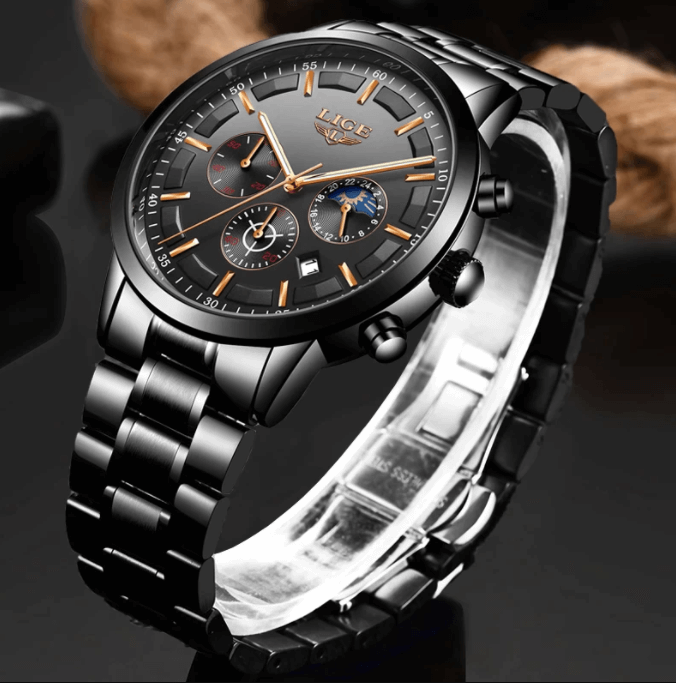 Military Black Steel Watch – Men's Stainless Steel Wristwatch with Day, Date & Night Display
