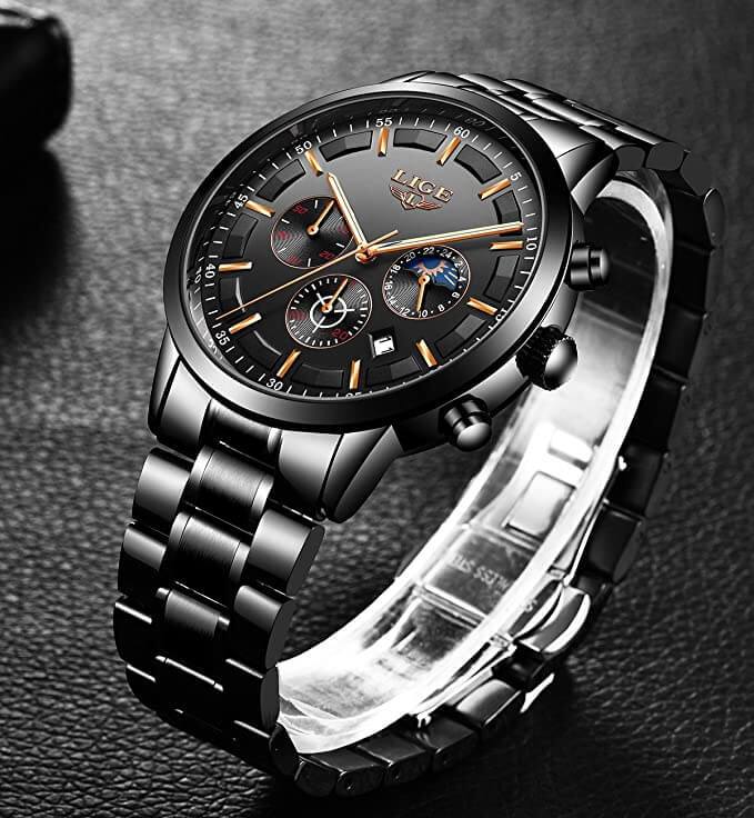 Military Black Steel Watch – Men's Stainless Steel Wristwatch with Day, Date & Night Display