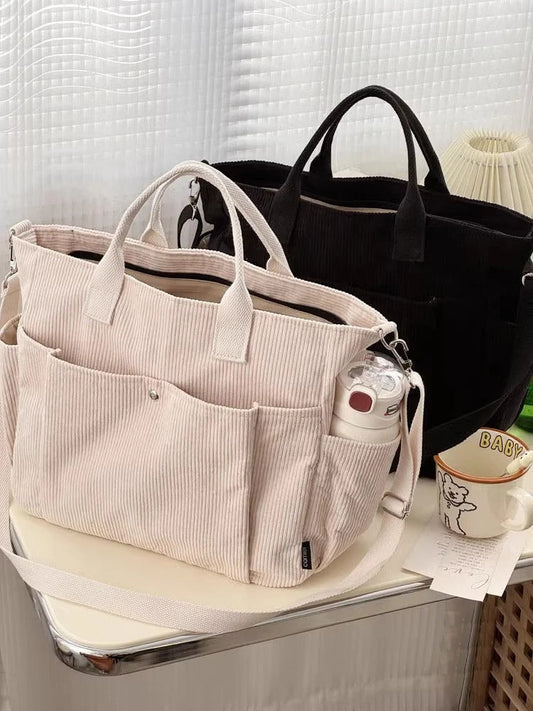 Cream Corduroy Shoulder Bag with Adjustable Strap