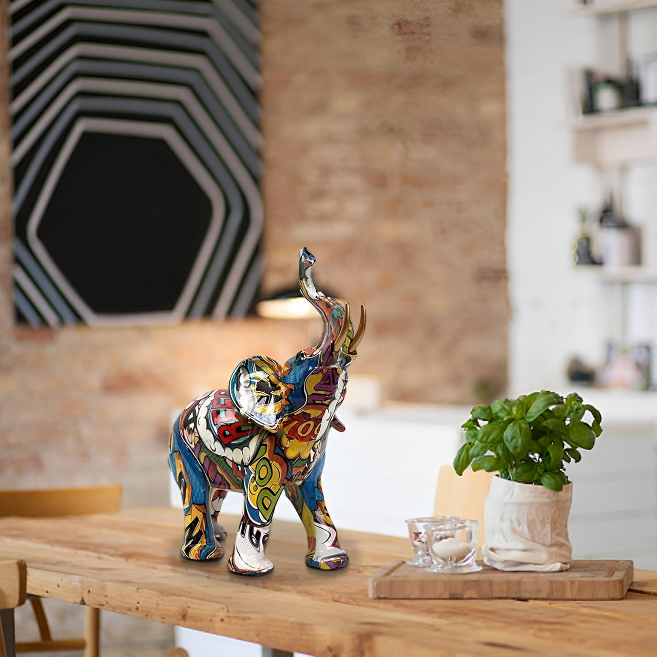 Abstract Elephant Statue – Colourful African Design with Raised Trunk for Good Luck