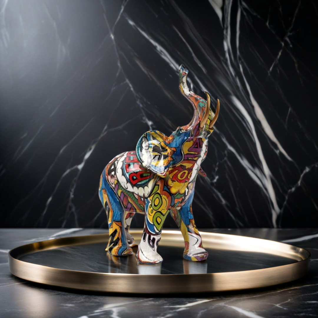 Abstract Elephant Statue – Colourful African Design with Raised Trunk for Good Luck