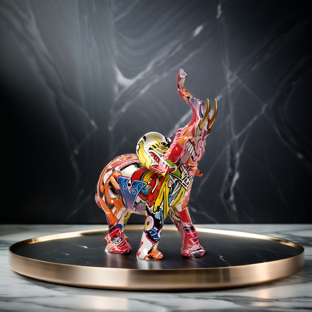 Abstract Elephant Statue – Colourful African Design with Raised Trunk for Good Luck