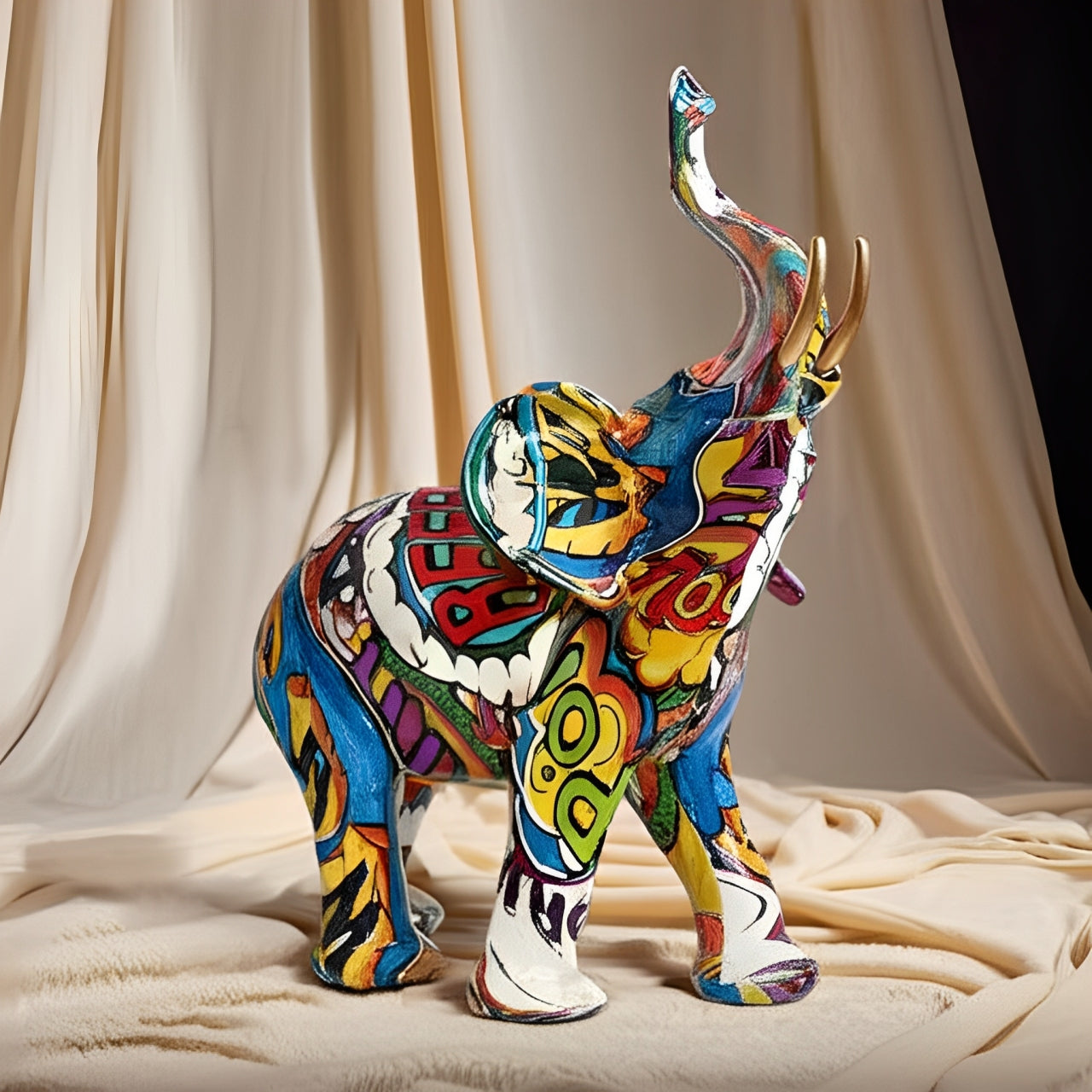 Abstract Elephant Statue – Colourful African Design with Raised Trunk for Good Luck