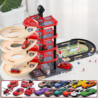 FirePark Garage Playset – Multi-Level Fire Station with Fire Trucks & Traffic Signs for Adventurous Kids