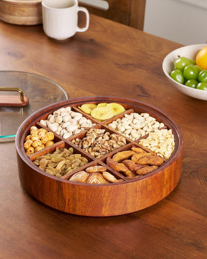 BambooSpin – 9-Compartment Serving Tray with Rotating Lid | Premium Bamboo Snack Platter