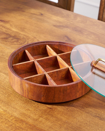 BambooSpin – 9-Compartment Serving Tray with Rotating Lid | Premium Bamboo Snack Platter