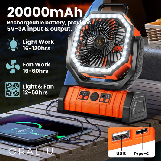 3-in-1 Camping Fan with LED Light & 20000mAh Power Bank – USB Rechargeable & Wireless