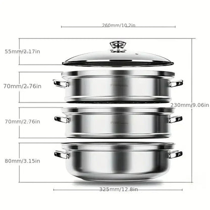 Stainless Steel 3-Tier Steamer with Handles & Glass Lid – Healthy, Efficient Cooking