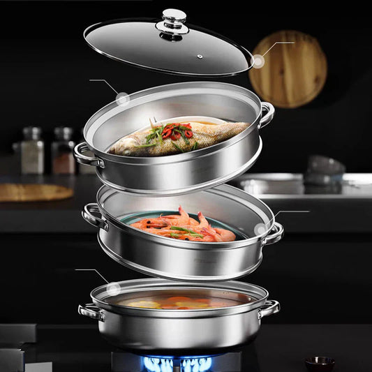 Stainless Steel 3-Tier Steamer with Handles & Glass Lid – Healthy, Efficient Cooking