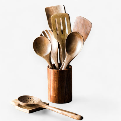 Premium Teak Wood Kitchen Utensil Set – 9-Piece Eco-Friendly Cooking Tools with Holder