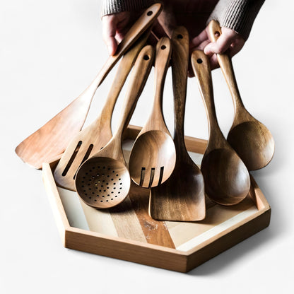 Premium Teak Wood Kitchen Utensil Set – 9-Piece Eco-Friendly Cooking Tools with Holder