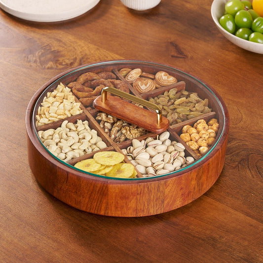 BambooSpin – 9-Compartment Serving Tray with Rotating Lid | Premium Bamboo Snack Platter