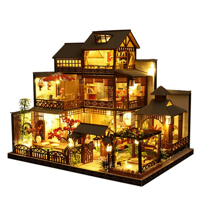 Large Realistic Wooden Dollhouse with LED Lights | DIY Miniature Playhouse