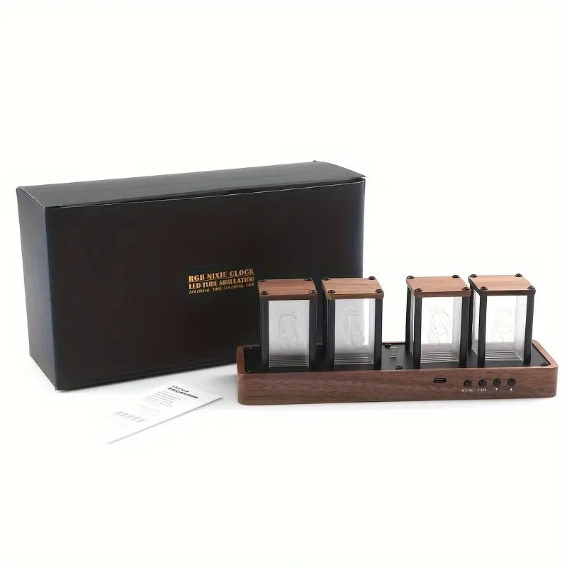Retro Tube Digital Clock with Wi-Fi Time Sync & Walnut Wood Finish – USB Powered LED Display